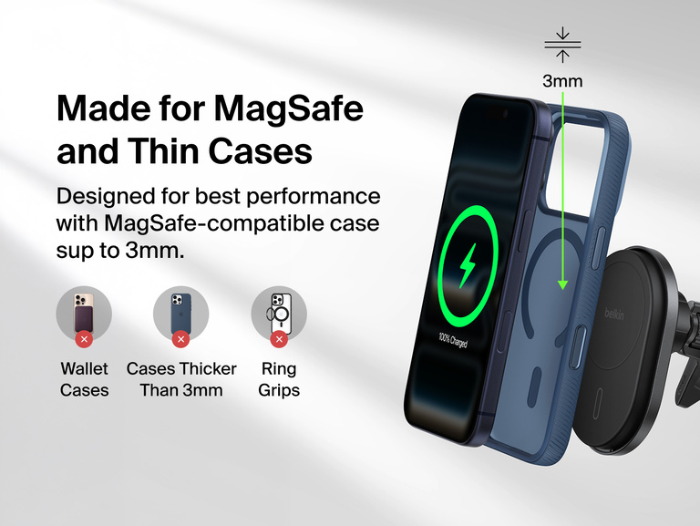 Belkin UltraCharge Magnetic Wireless Charging Car Vent Mount with Qi2.2 25W supports MagSafe-compatible cases up to 3mm thick and is not designed for wallet cases, thicker cases or ring grips.