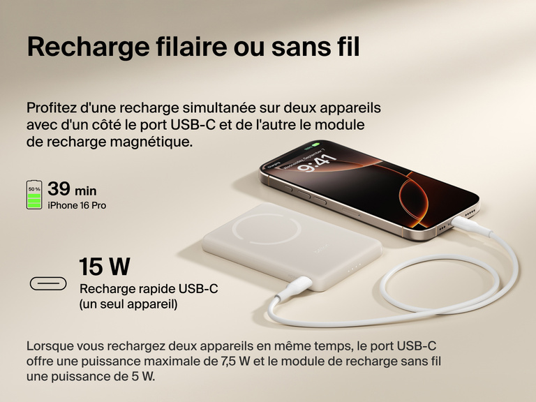 Belkin BoostCharge Slim Magnetic Power Bank 5K shown charging a smartphone via USB-C, highlighting 15W fast charging and dual wired or magnetic wireless power capability.