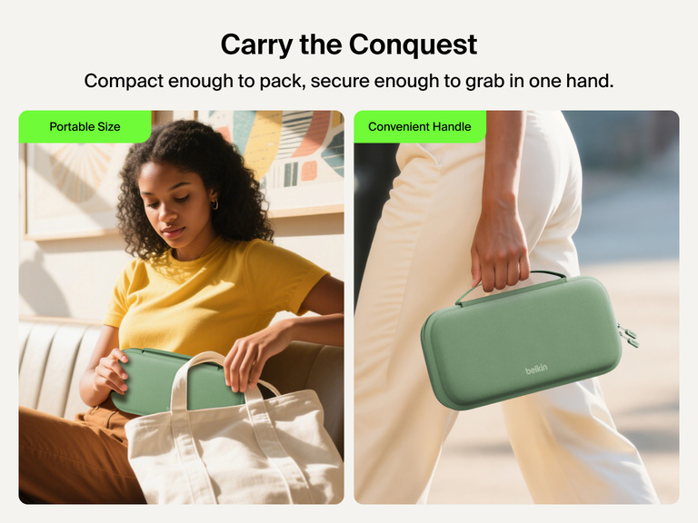 The Belkin Gaming Charging Case for Nintendo Switch 2 is shown being easily packed into a tote and carried by hand, highlighting its portable size and convenient handle for travel.