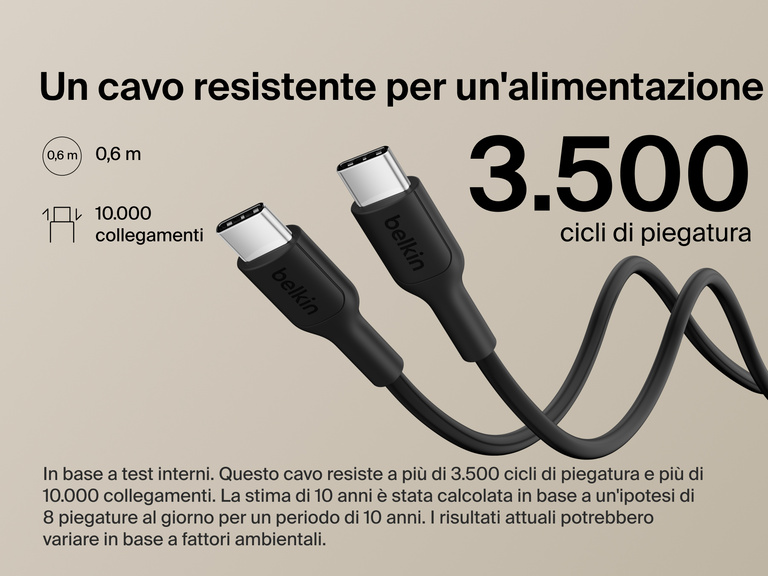 Belkin BoostCharge Slim Magnetic Power Bank 5K shown with durable USB-C to USB-C cable designed for 3,500+ bends and reliable long-lasting charging performance.