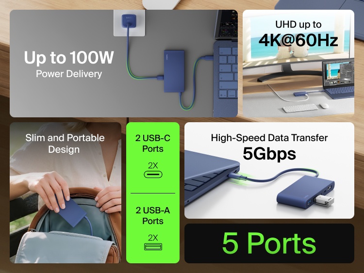 Belkin Connect 5-Port USB-C Hub with Dual USB-C Ports featuring 4K@60Hz display, 100W power delivery, 5Gbps data transfer, 2 USB-C and 2 USB-A ports, in a slim and portable design.