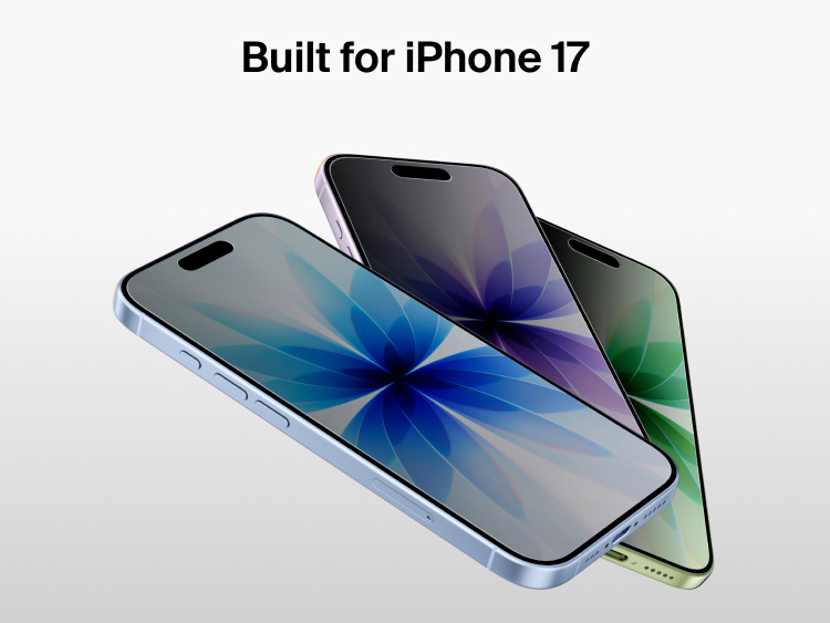 Belkin Titan SmartShield Bright Privacy Screen Protector shown on three iPhone 17 devices to demonstrate compatibility and protected displays.