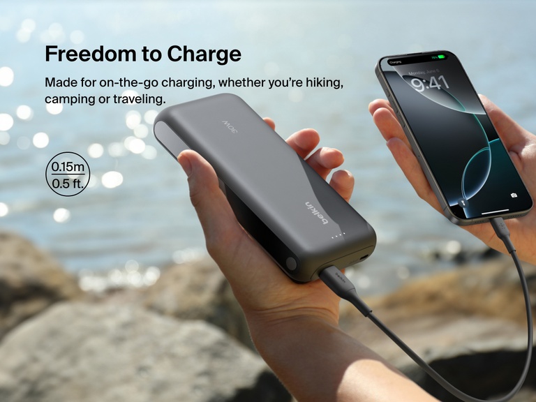 Belkin BoostCharge Pro braided USB-C to dual USB-C cable includes a built-in cable organizer for compact, travel-friendly storage and convenient 140W charging on the go.
