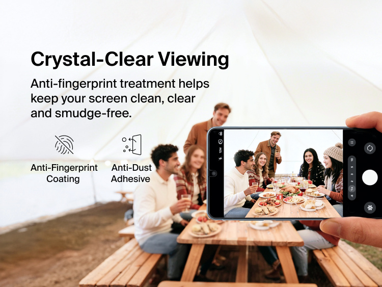 Belkin ScreenForce Titan EcoGuard Anti-Reflective Screen Protector for Samsung Galaxy S26 shown delivering crystal-clear viewing with anti-fingerprint coating and anti-dust adhesive to keep the display clean and smudge-free.