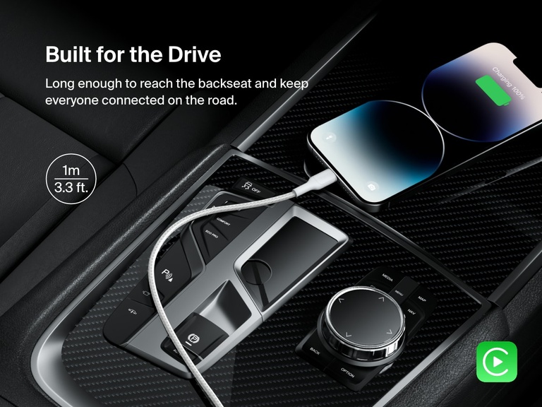 Belkin BoostCharge Pro USB-C Braided Cable with Lightning Connector in a 1m (3.3 ft.) length powers an iPhone in the car, offering Apple CarPlay support and convenient reach for road trips.