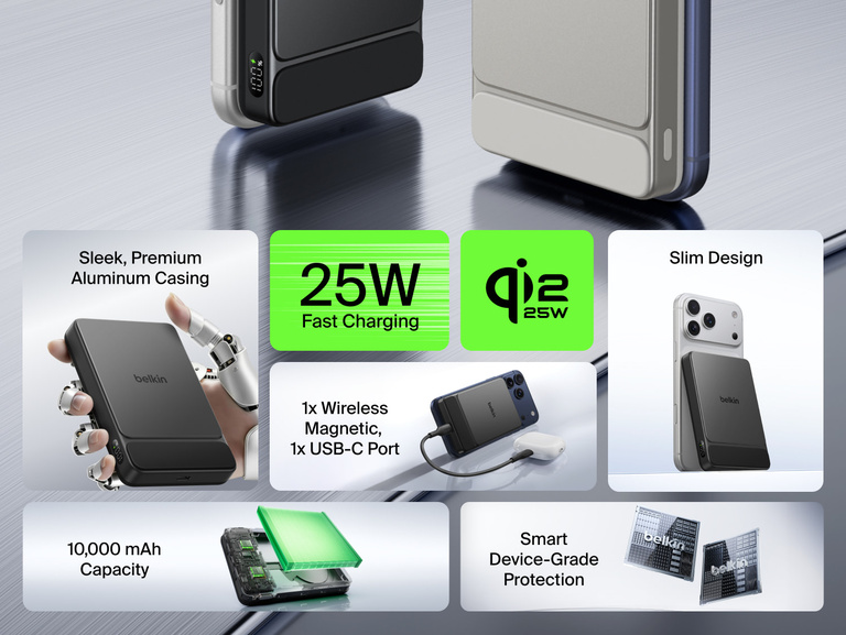 Belkin UltraCharge Slim Magnetic Power Bank 10K highlighting 25W fast charging, 10,000 mAh capacity, magnetic wireless charging, USB-C port, and slim premium aluminum design