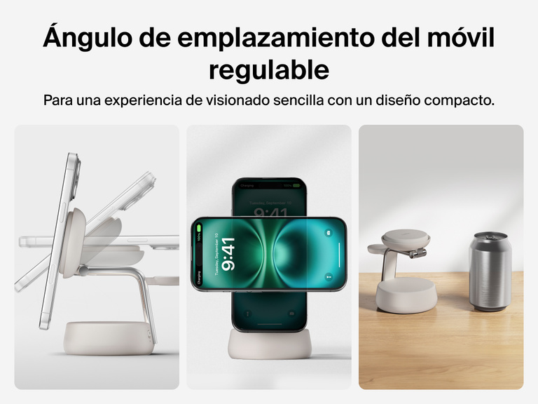 La estación magnética de carga 3 en 1 con Qi2 25W Belkin UltraCharge Pro permite ajustar el ángulo de inclinación del móvil. Además, su compacto diseño permite visionar contenido óptimamente y ahorrar espacio en su emplazamiento y transporte. 