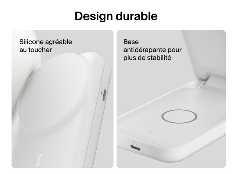 Socle de recharge 2-en-1 aimanté et pliable Belkin UltraCharge avec Qi2 25 W doté d'un revêtement en silicone doux au toucher et d'une base antidérapante pour une durabilité améliorée et une recharge sécurisée.
