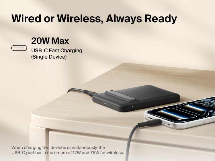 Belkin BoostCharge Slim Magnetic Power Bank 5K with Qi2 shown delivering wired USB-C fast charging and wireless charging for reliable, on-the-go power in a compact portable design.