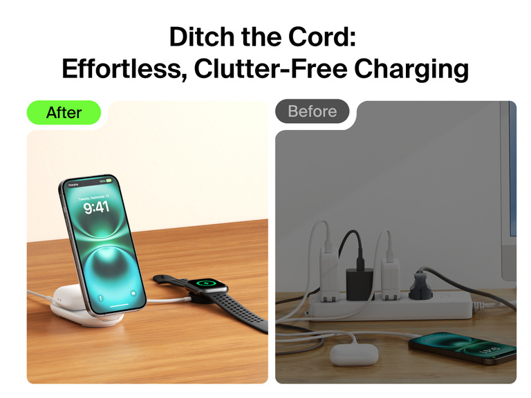 Belkin UltraCharge 2-in-1 Foldable Magnetic Charger with Qi2 25W offers a clutter-free alternative to messy cords by wirelessly charging iPhone, AirPods, and Apple Watch in one sleek setup.