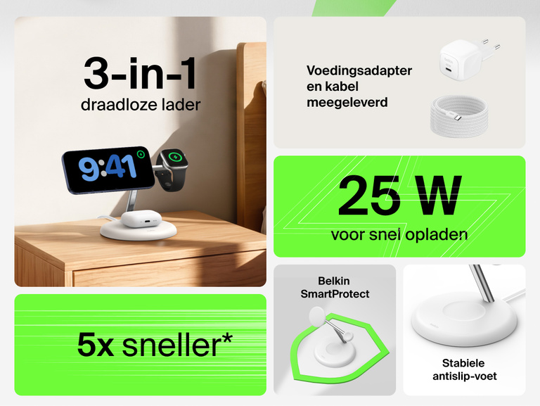 Belkin UltraCharge 3-in-1 Wireless Charging Stand with Qi2 25W showcasing compact design with integrated Apple Watch charger and earbuds dock