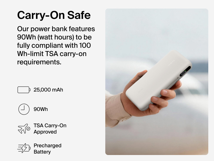 Belkin UltraCharge Pro Laptop Power Bank 25K handheld portable charger with 25,000 mAh capacity and 90Wh TSA carry-on compliant battery for travel