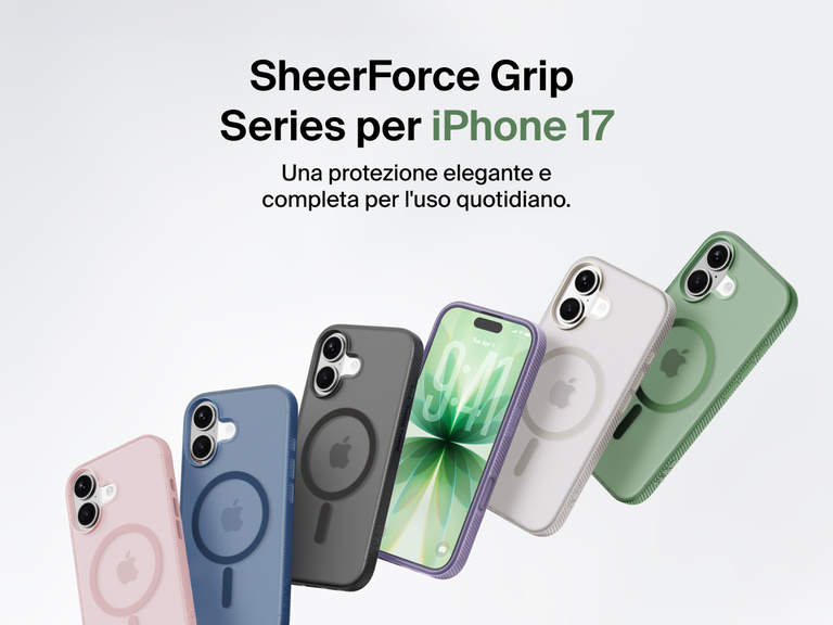 Belkin SheerForce Grip Series protective case for iPhone 17 shown in pink, clear, and black with slim design and MagSafe compatibility.