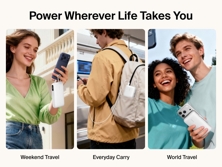 Belkin UltraCharge 20K 45W power bank with integrated cable used for travel and everyday carry, providing portable fast charging for smartphones on the go