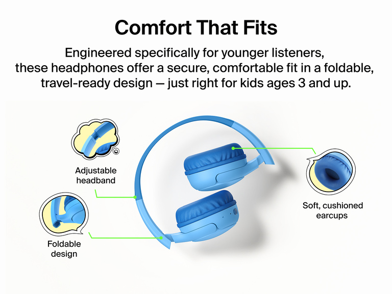 SoundForm Mini 2 Wireless On-Ear Headphones for Kids in folded position with callouts highlighting the adjustable headband, foldable design, and soft cushioned earcups