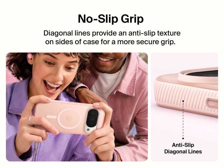 Belkin Grip Series Case for Google Pixel 11 featuring anti-slip diagonal side texture for a secure grip with close-up product detail and lifestyle image.