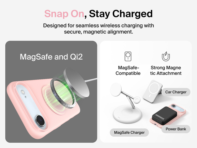 Belkin ScreenForce Protect Series Case for iPhone 17 with raised edges for screen and camera protection, designed for seamless magnetic wireless charging.