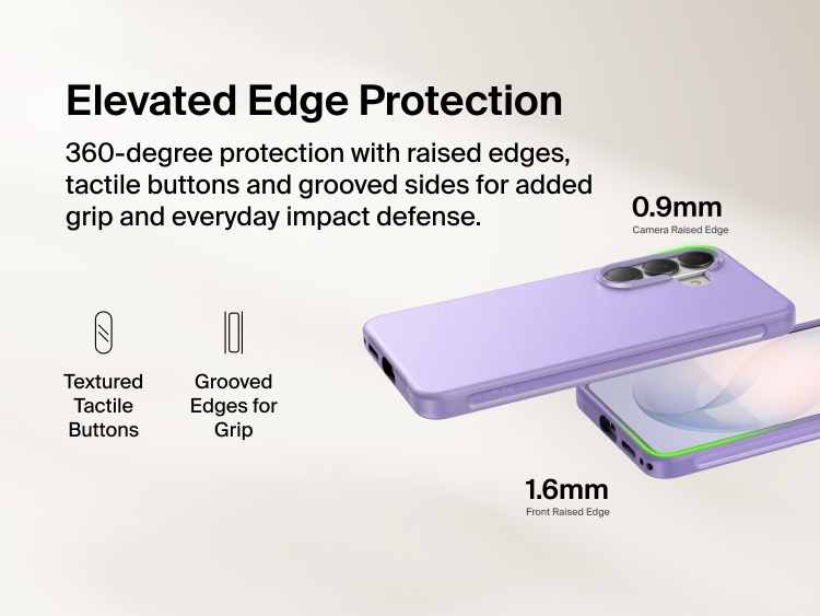Belkin SheerForce Protect Series Case for Samsung Galaxy S26 featuring elevated edge protection with raised camera and screen edges, tactile buttons, and grooved sides for enhanced grip and everyday impact defense.