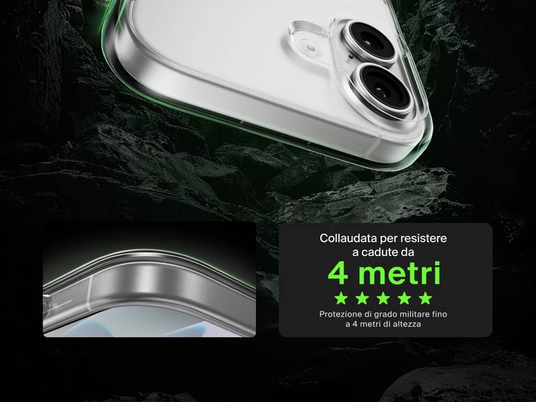 Belkin SheerForce Clear Series Case for iPhone 17 shown with 13-foot drop test and military-grade protection.