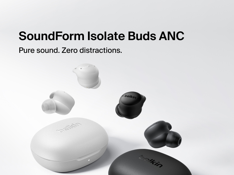 SoundForm Isolate Buds ANC charging case with a soft-touch finish and an attached loop for clipping onto bags