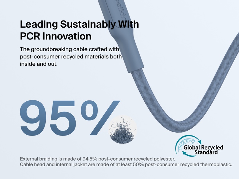 Belkin BoostCharge Pro Braided USB-C to USB-C Cable 60W is sustainably made with 95% post-consumer recycled materials, including 94.5% recycled polyester braiding and a 50% recycled thermoplastic internal jacket.