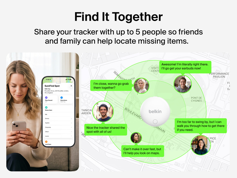Belkin SureFind Spot can be shared with up to five people so friends and family can help locate missing tracked items.