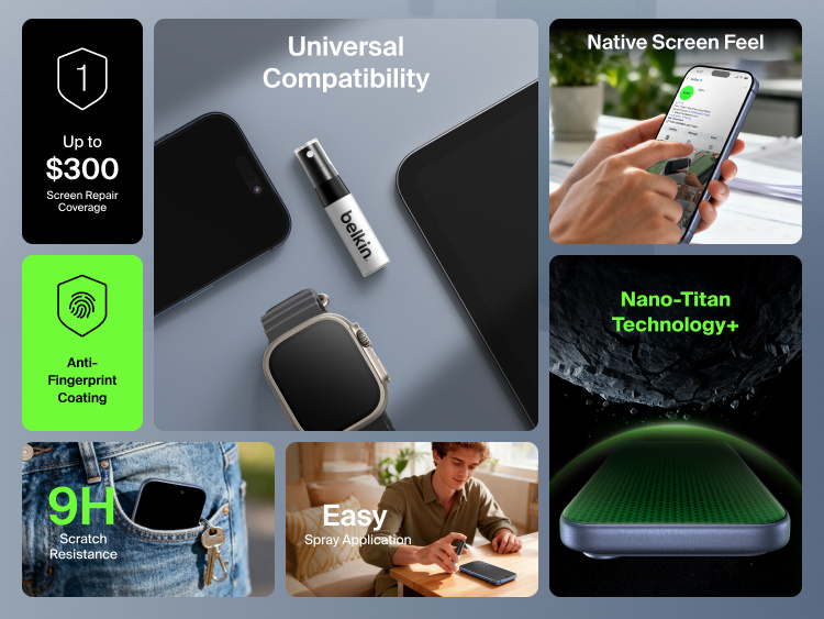 Belkin ScreenForce Titan LiquidGuard Screen Protector spray with universal compatibility for smartphones and smartwatches, featuring nano-titan technology, anti-fingerprint coating, and 9H scratch resistance.