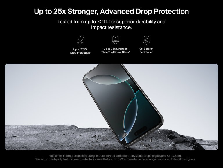 Belkin ScreenForce UltraGlass 2 Screen Protector delivers up to 25x stronger protection with 7.2 ft drop resistance and 9H scratch durability for iPhone.