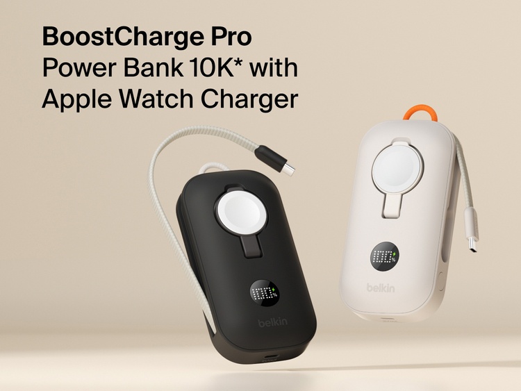Belkin BoostCharge Pro Power Bank 10K with built-in Apple Watch charger shown in black and sand models with braided USB-C cables.