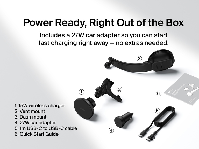 Belkin BoostCharge Magnetic Wireless Charging Car Vent and Dash Mount shown with all included components: 15W charger, vent mount, dash mount, 27W car adapter, USB-C cable, and quick start guide.