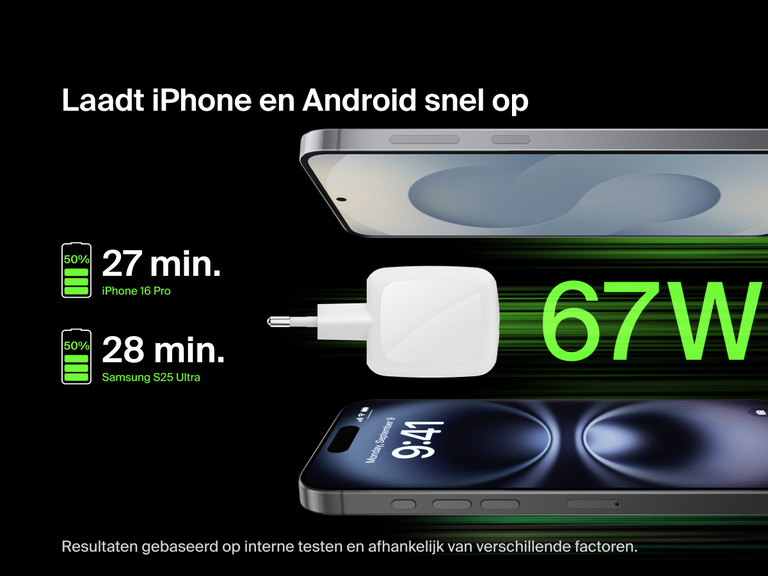 Afbeelding van een Belkin BoostCharge Pro 2-poorts USB-C GaN-wandlader van 67 W die een iPhone en een Android-apparaat snel oplaadt van 0 tot 50% in minder dan 30 minuten.