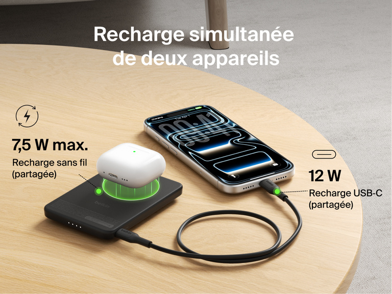 Belkin BoostCharge Slim Magnetic Power Bank 5K with Qi2 charging two devices simultaneously using magnetic wireless charging and USB-C wired output for shared power.