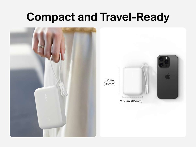 Belkin BoostCharge Power Bank 10K with Display shown in hand and beside a smartphone to highlight its compact, travel-ready design with dimensions of 3.78 x 2.56 inches and a lightweight build of 0.51 lbs (233g).