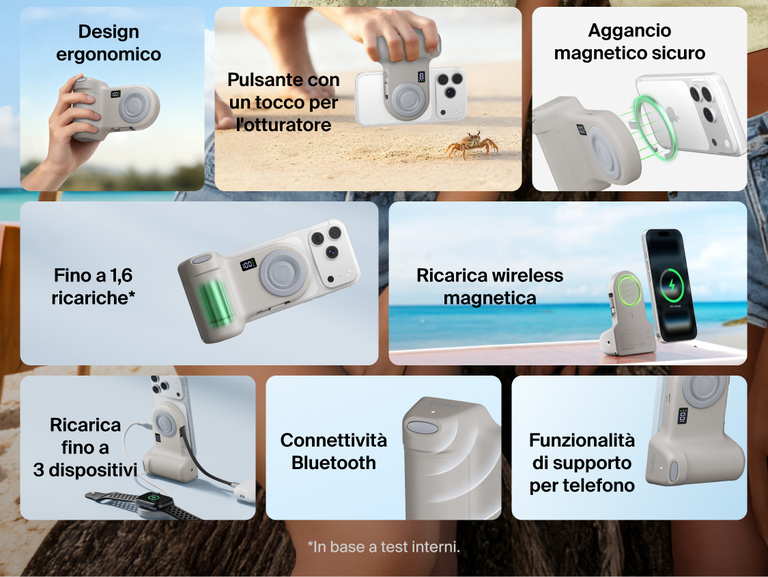 Belkin Stage PowerGrip shown in multiple lifestyle and product views highlighting ergonomic grip design, magnetic wireless charging, Bluetooth connectivity, phone stand functionality, and ability to charge up to three devices.