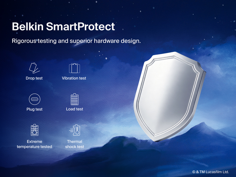 Belkin BoostCharge Power Bank 10K with Integrated Cable features SmartProtect safety testing for reliable protection against everyday charging conditions.