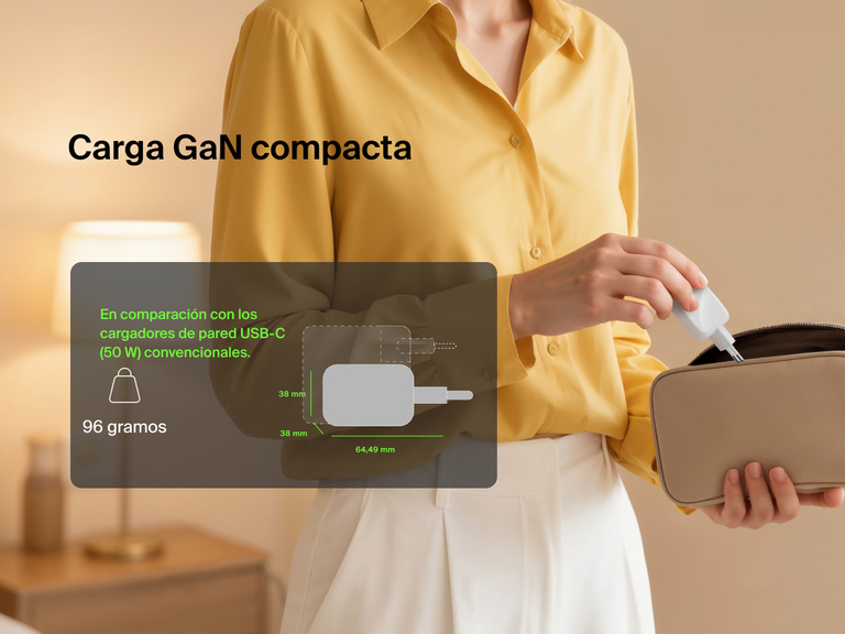 Cargador de pared doble USB-C GaN de 50 W Belkin BoostCharge Pro con un diseño compacto de 89 g, clavijas plegables y un tamaño más pequeño en comparación con el cargador convencional de 50 W, mostrando que cabe fácilmente en un bolso de viaje.