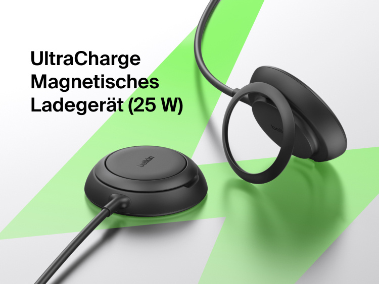 Das magnetische Belkin UltraCharge Ladeger&auml;t mit Qi2 25W wird als stylisches, magnetisches Ladepad und Ladest&auml;nder gezeigt, das schnelles, sicheres, induktives Laden erm&ouml;glicht.