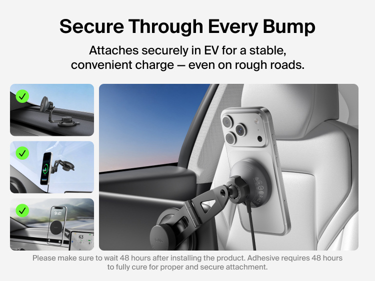 Belkin BoostCharge Magnetic Wireless Charging Car Vent Mount shown with compatible vertical and horizontal air vents and incompatible circular, very thin, and mesh-style vents.