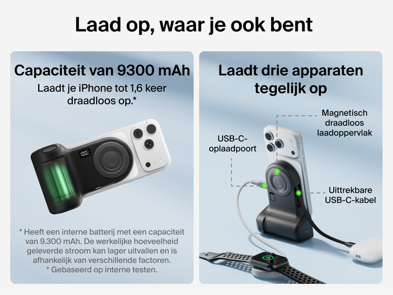Belkin Stage PowerGrip compatibility chart showing support for iPhone 12 and later, Google Pixel 10 and later, USB-C devices like AirPods and Galaxy, and tripods with 1/4-inch mounts.