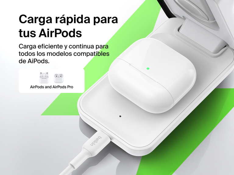 El cargador magnético plegable 3 en 1 con Qi2 25W Belkin UltraCharge proporciona carga inalámbrica rápida para AirPods y AirPods Pro con una gran compatibilidad.