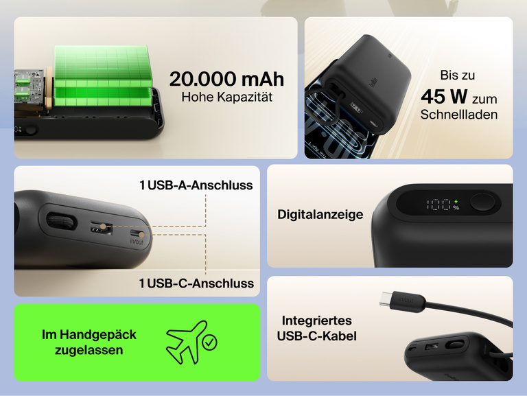 Belkin UltraCharge 20K 45W power bank with integrated USB-C cable, digital display, dual ports, and high-capacity battery for fast, travel-ready charging