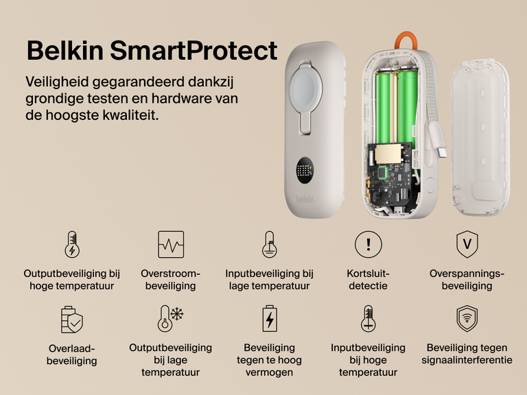 De Belkin BoostCharge Pro 10.000mAh-powerbank met Apple Watch-lader werkt met Belkin SmartProtect-technologie voor beveiliging tegen overstroom, kortsluiting, oververhitting en overspanning om de veiligheid bij het opladen te garanderen.