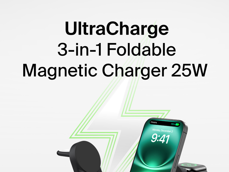 Belkin UltraCharge 3-in-1 Foldable Magnetic Charger with Qi2 25W shown charging an iPhone, with a green lightning bolt graphic in the background.
