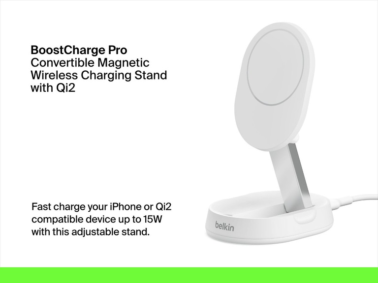 Image of a white Belkin BoostCharge Pro Convertible Magnetic Wireless Charging Stand with Qi2 15W next to text describing its fast-charging capabilities for iPhone or Qi2-compatible devices up to 15W.