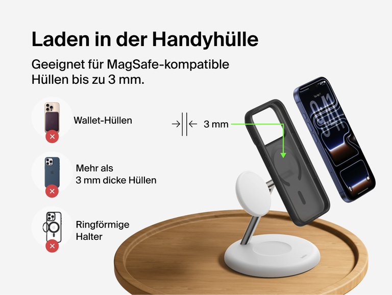 Belkin UltraCharge 3-in-1 Wireless Charging Stand with Qi2 25W demonstrating magnetic charging through MagSafe-compatible phone case up to 3mm thickness with compatibility guidelines shown