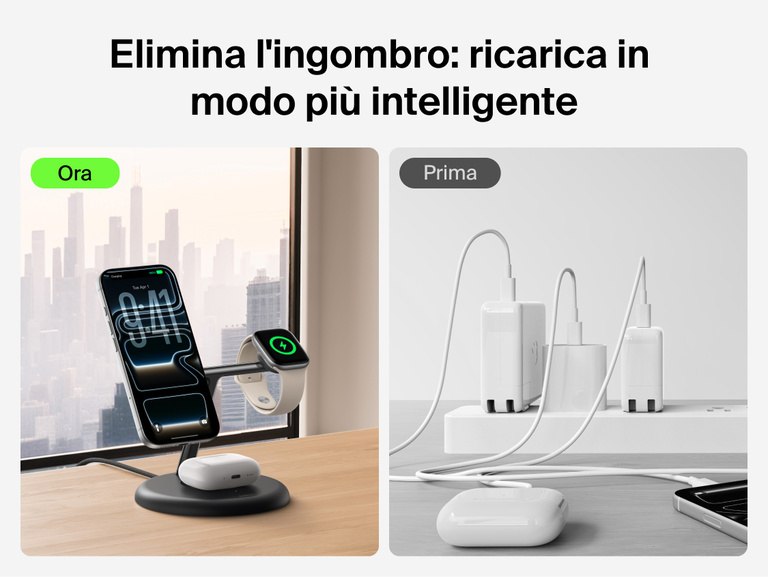 Belkin UltraCharge 3-in-1 Wireless Charging Stand with Qi2 25W reducing cable clutter by charging iPhone, Apple Watch, and AirPods in a clean organized setup compared to traditional wired charging