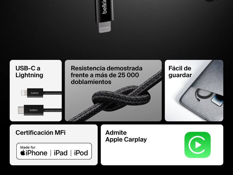 Cable Belkin BoostCharge USB-C con conector Lightning y diseño duradero trenzado, con una vida útil de más de 25 000 doblamientos, certificación MFi, compatibilidad con Apple CarPlay y fácil de guardar para dispositivos iPhone, iPad y iPod.