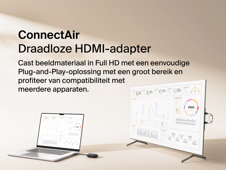 Belkin ConnectAir draadloze HDMI-adapter toont het casten van een laptopscherm naar een groter beeldscherm voor naadloze Full HD, plug-and-play streaming over een lange afstand.