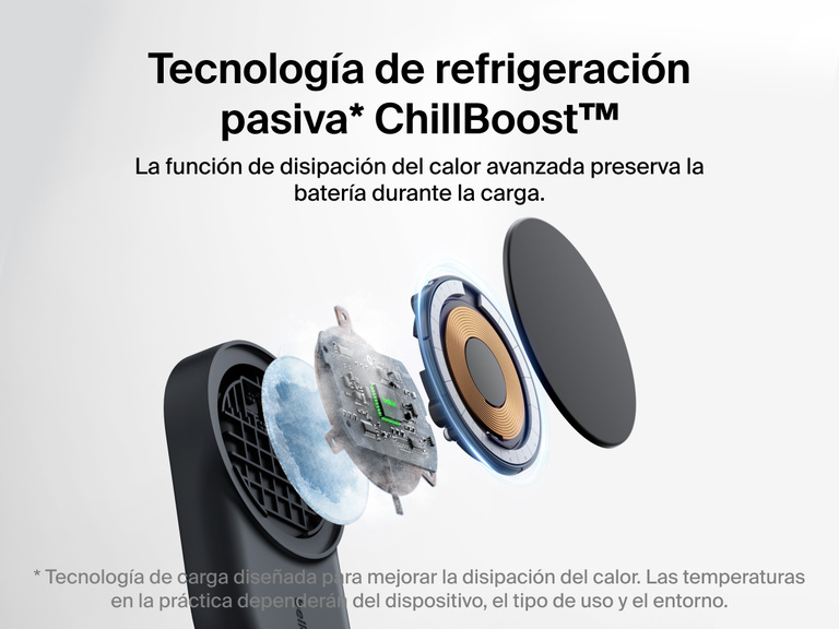 El cargador magnético plegable 3 en 1 con Qi2 25W Belkin UltraCharge incluye tecnología de refrigeración pasiva ChillBoost™ para una disipación del calor avanzada y preservación de la batería del dispositivo conectado.