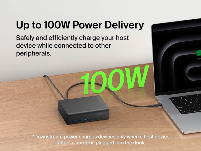 Connect 12-Port Dual Display USB-C Dock on a desk connected to a laptop, illustrating up to 140W power delivery to charge a host device while connected to other peripherals